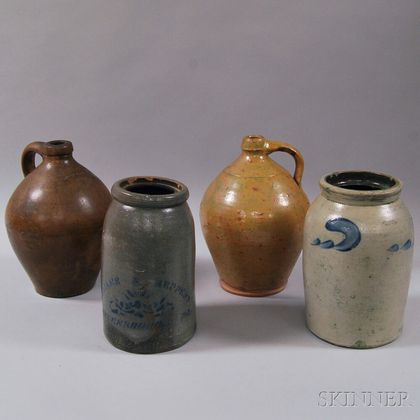 Two Redware Jugs and Two Stoneware Jars
