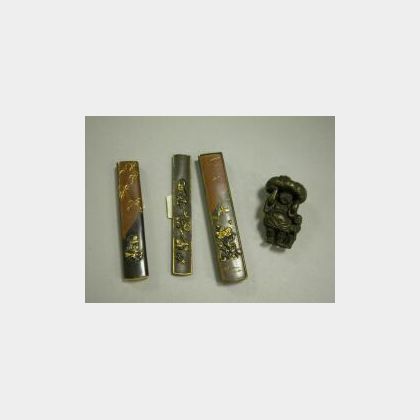 Three Japanese Gilt Bronze Knife Sheaths and a Miniature Bronze Figure of Peasants. 