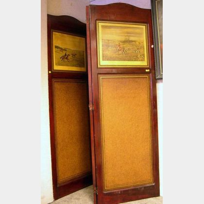 Large Custom Red Stained Wooden Framed Folding Three-Panel Floor Screen with Inset Hunting Scene Print Panels