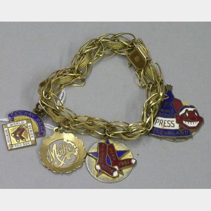 14kt Gold Lady's Bracelet with Three Vintage Enameled Baseball Pins
