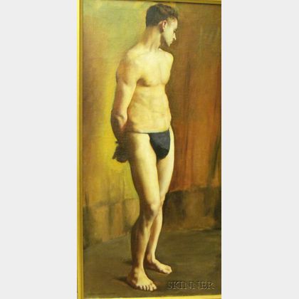 Framed Oil on Canvas, Portrait of a Standing Male Model, by Elmer Westley Greene Jr. (American, 1907-1964),signed ELMER WESTLEY... 