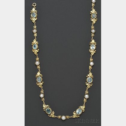 Arts & Crafts 18kt Gold, Blue Zircon, and Split Pearl Necklace, Margaret Rogers