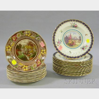 Set of Twelve Spode Transfer Decorated and Hand-colored Porcelain Luncheon Plates and a Set of Ten Coalport Tra... 