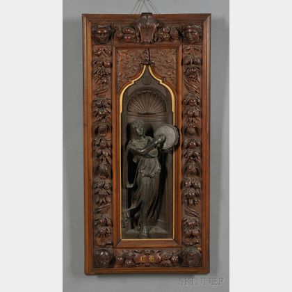 Victorian Carved Walnut and Patinated Metal Wall Plaque