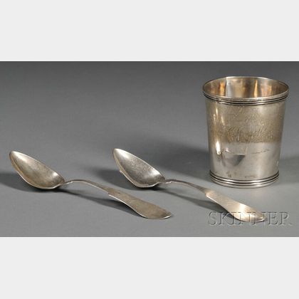 Sterling Silver Mint Julep Cup and Two Coin Silver Spoons