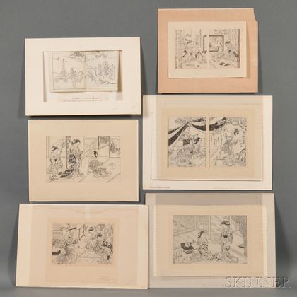 Six Mounted Monochrome Woodblock Print Pages