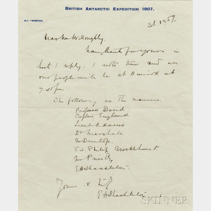Shackleton, Sir Ernest Henry (1874-1922) Autograph Letter Signed, 31 December 1907.