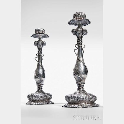 Pair of George Shiebler Art Nouveau Sterling Silver Candlesticks
