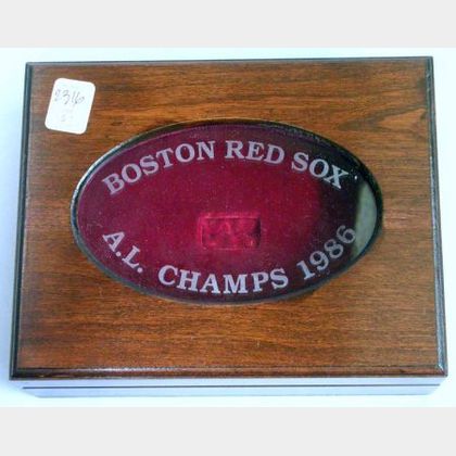 1986 Boston Red Sox American League Champs Etched Glass Inset Mahogany-finished Wooden and Red Velvet-lined Ring Box. 