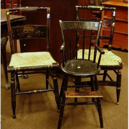 Two Black Painted and Stencil Decorated Hitchcock-type Side Chairs and a Childs Windsor Thumb-back High Chair. 