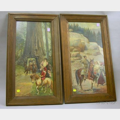 Pair of Framed Embossed Chromolithographs Terraces Mammoth Hot Springs, Yellowstone Park and Gia... 