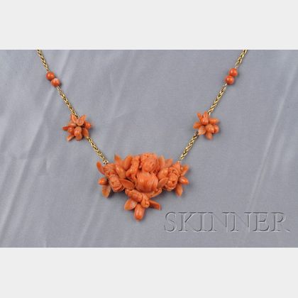 Antique Carved Coral Pendant Necklace