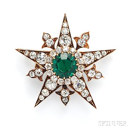 Antique Gold, Emerald, and Diamond Starburst Pendant/Brooch