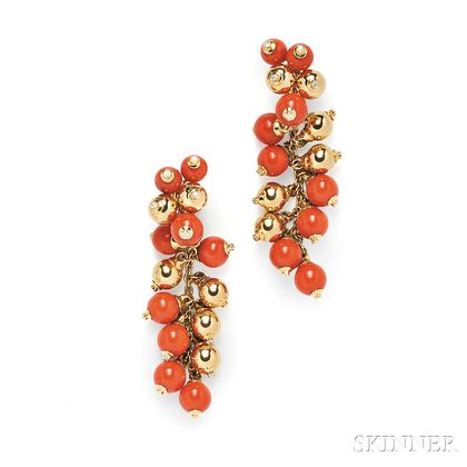 18kt Gold, Coral Bead, and Diamond Earpendants