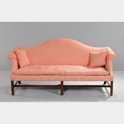 Upholstered Mahogany Camel-back Sofa