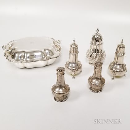 Two Pairs of Sterling Silver Salt Shakers, a Silver-plated Sugar Caster, and a Silver-plated Covered Dish