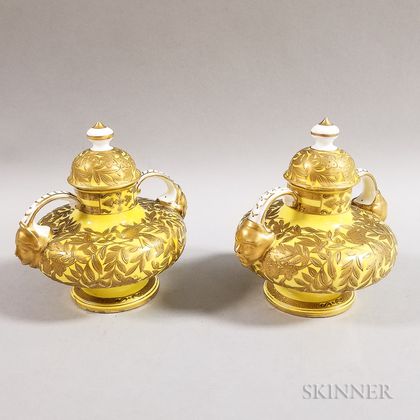 Two Crown Derby Porcelain Yellow Ground Vases and Covers