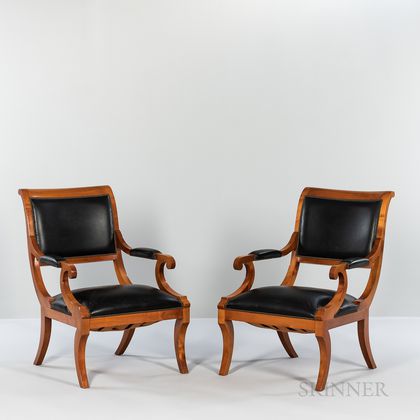 Pair of Biedermeier-style Leather-upholstered Beechwood Open Armchairs