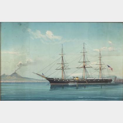 Italian School, 19th Century American Ship in an Italian Harbor with a Volcano.