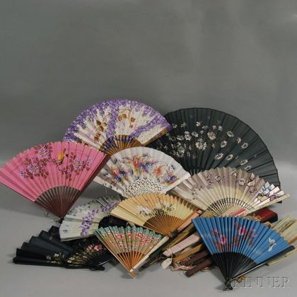 Collection of Victorian Wood, Bone, Paper, and Lace Hand Fans