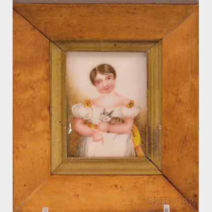 American School, 19th Century Miniature Portrait of a Child Holding a Cat