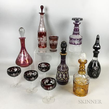 Eleven Colored Cut-to-clear Glass Decanters and Wines
