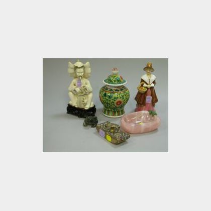 Six Assorted Porcelain, Carved Ivory and Stone Decorative Items. 