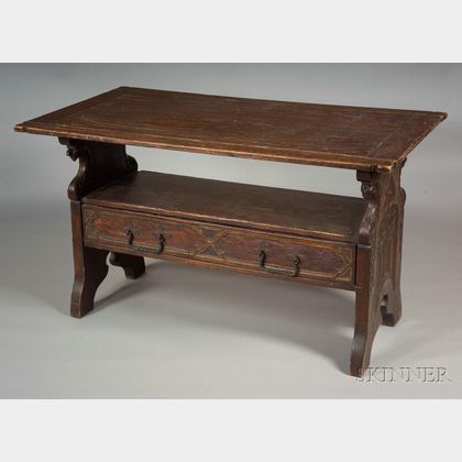 Gothic Revival Painted Oak Table/Hall Bench