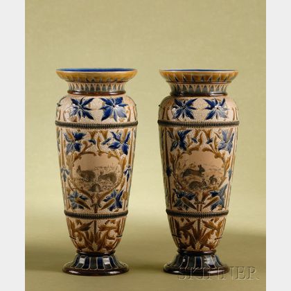 Pair of Doulton Lambeth Blue and Brown Salt-glaze Mantel Vases