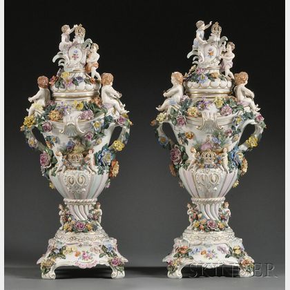 Pair of Dresden Porcelain Vases, Covers, and Stands