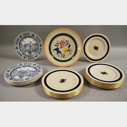 Set of Six Wedgwood Blue Transfer Yale Ceramic Dinner Plates and a Set of Twelve Lenox Gilt and Cobalt Floral-decorated Porcelain Dinne