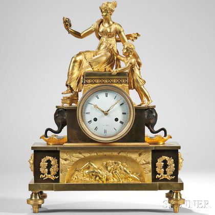 Patinated Brass and Gilt Ormolu-mounted Figural Mantel Clock