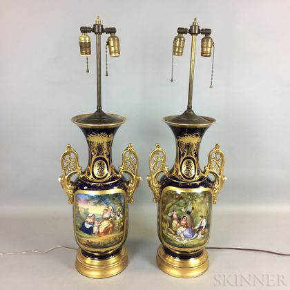Pair of Continental Gilt and Hand-painted Porcelain Urns