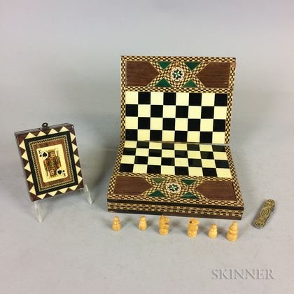 Contemporary Inlaid Wood Card Box, Chess Board, and Penknife. Estimate $50-100