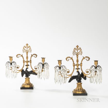 Pair of Eagle-decorated Parcel-gilt Cast Bronze and Crystal Double Candlesticks