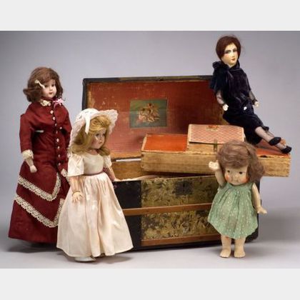 Small Group of Dolls and Trunk of Clothes