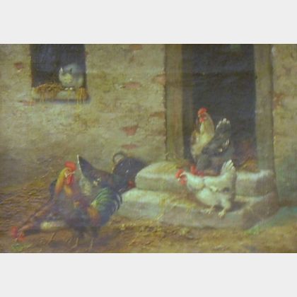 Framed Oil on Canvas Barnyard Scene with Chickens Attributed to Ruben Lamb American, 19th Century)