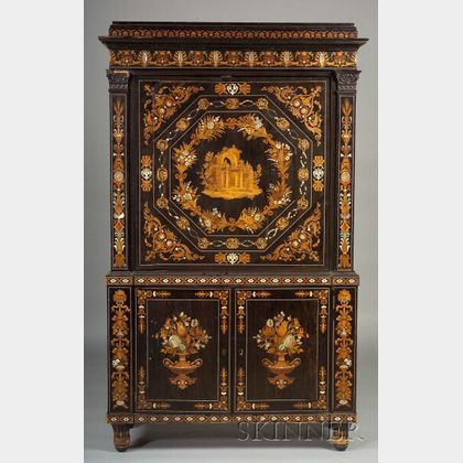 Italian Fruitwood Marquetry and Mother-of-pearl Inlaid Ebony Fall-front Desk
