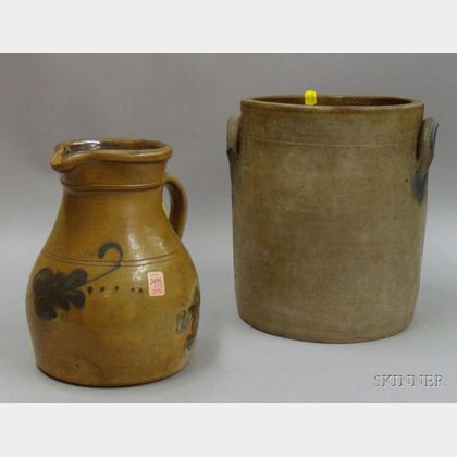 "S.L. Pewtress & Co., Fair Haven, Conn." Cobalt Floral Decorated Stoneware Pitcher and a Cobalt Highlighted Stoneware Crock