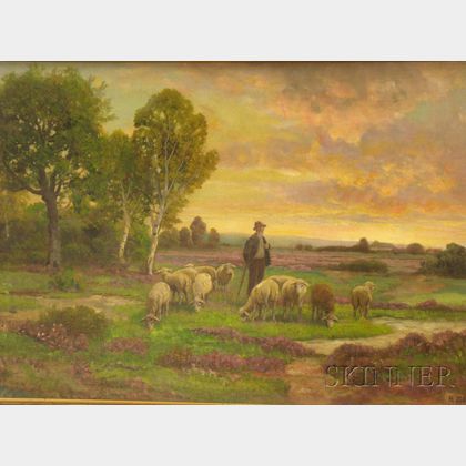 Framed 19th/20th Century Continental School Oil on Canvas Pastoral Scene of a Shepherd with His Flock