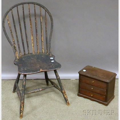 Black-painted Windsor Side Chair and Small Walnut Three-drawer Trinket Chest. 