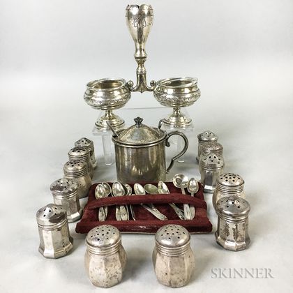 Group of Silver Salt Shakers, Salts, and Salt Spoons
