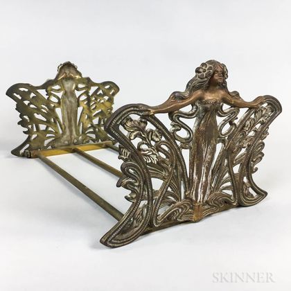 Art Nouveau Figural Brass Extending Book Rack