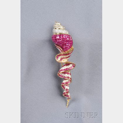 18kt Gold, Ruby and Diamond Shell Brooch