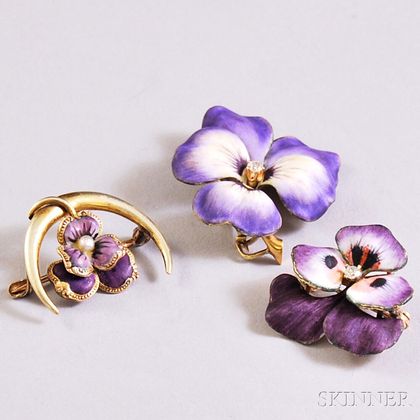 Three 14kt Gold and Purple Enamel Pansy Pins