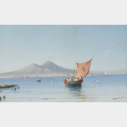 Maria Gianni (Italian, 19th/20th Century) Coastal View with Mt. Vesuvius in the Distance