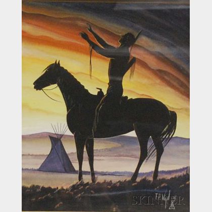 Framed Print of a Indian Warrior on Horseback at Sunset