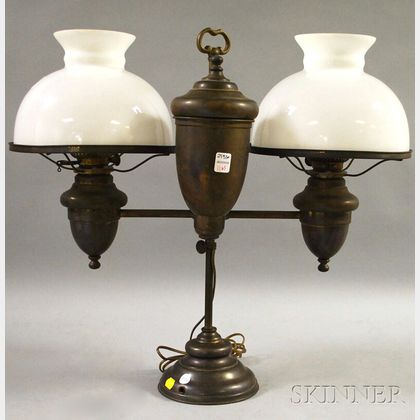 Edward Miller & Co. Duplex Brass Adjustable Double Student Lamp with a Pair of Opaque Glass Shades
