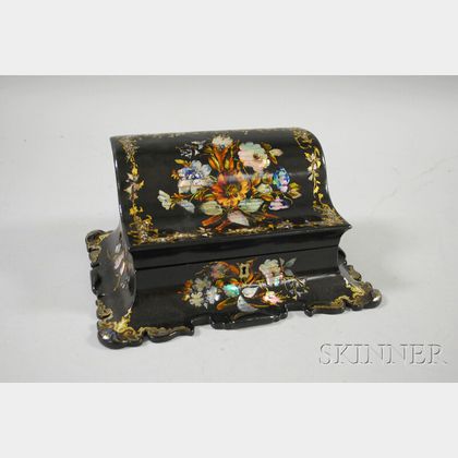 Rococo Revival Gilt and Mother-of-pearl Decorated Black Lacquered Lift-top Desk Box