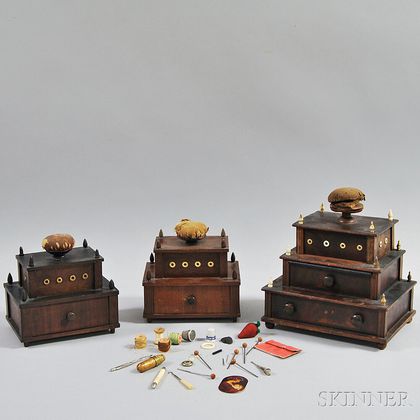 Three Mahogany Veneer Tiered Sewing Boxes